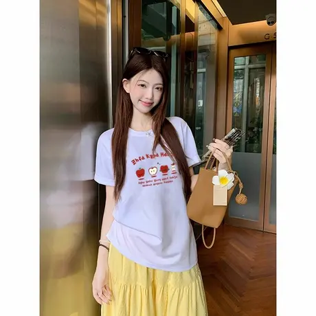 100%纯棉白色落肩短袖t恤女潮牌夏季设计感小众美式高街半袖上衣商品大图