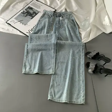 韩版爆闪亮片设计牛仔裤女辣妹春季新款时尚百搭宽松窄版直筒长裤商品大图