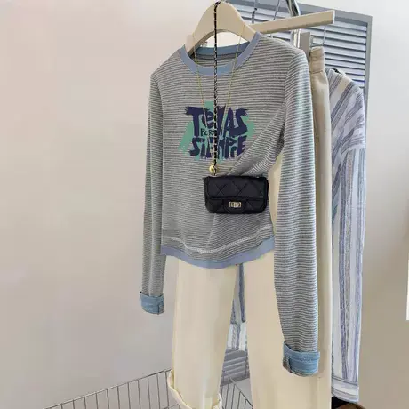 大码条纹长袖T恤女春秋日系chic小个子正肩印花打底衫ins小众上衣图片