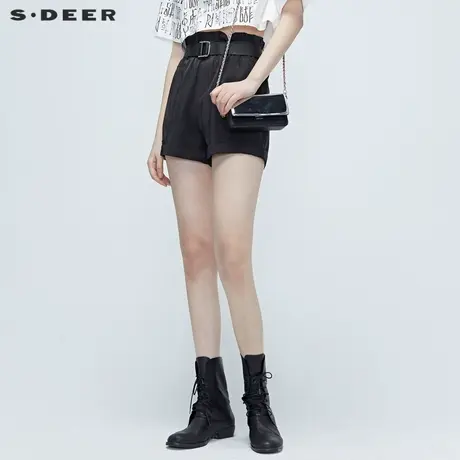 sdeer圣迪奥夏装女松紧花边高腰黑色直筒基础款透气短裤S20280902商品大图