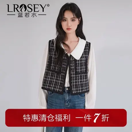 【粗花呢格子马甲】蓝若水大码秋装新款小香风叠穿短款坎肩背心女商品大图