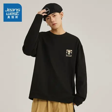 JR真维斯男装2025春季新款重磅潮流熊猫印花长袖圆领休闲黑色T恤图片