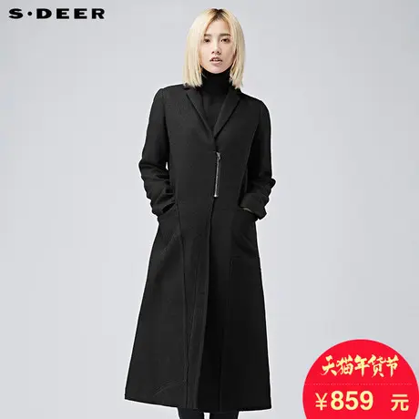 sdeer圣迪奥2018冬装翻领线条贴片A字长款羊毛呢大衣女S16481892图片