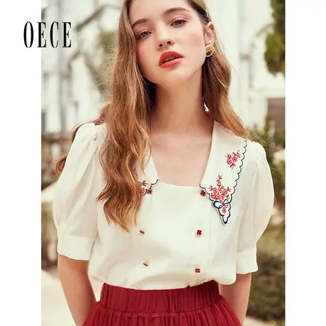 Oece春夏新款女装软萌甜复古绣花法式泡泡短袖雪纺衬衫上衣商品大图