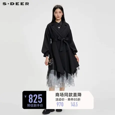 sdeer圣迪奥女装西装领收腰网纱灯笼袖风衣S231Z1808图片