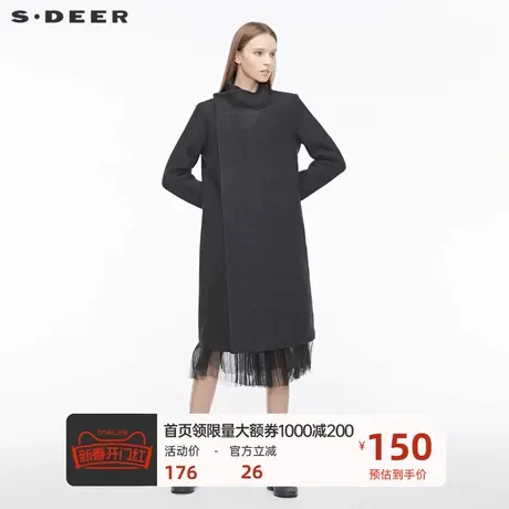 sdeer圣迪奥 女装高领字母绣花开衩直筒纯黑大衣S19481804图片