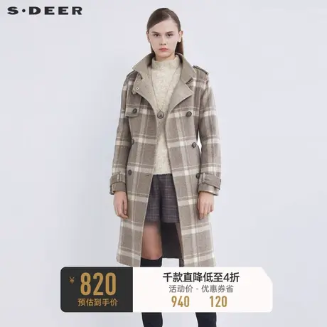 sdeer圣迪奥冬立领格纹双排扣收腰长款毛呢大衣S21481837图片