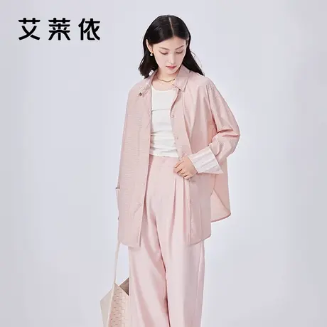 艾莱依衬衫2024新款爆款夏季女撞色条纹设计感防晒慵懒衬衣upf40+商品大图