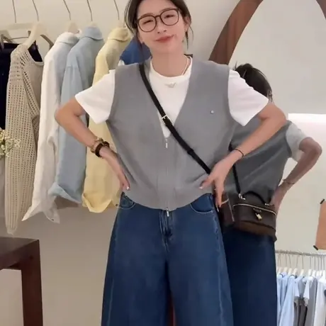 假两件冰丝针织正肩短袖t恤女2025夏季韩系设计感小众短款上衣服图片