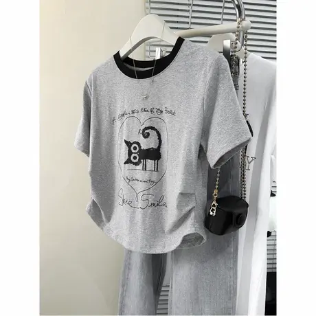 撞色短袖t恤女2025新款夏季时尚洋气设计感宽松短款褶皱半袖上衣商品大图