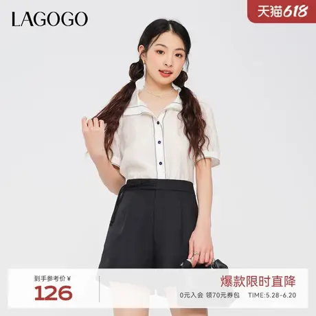 LAGOGO休闲V领短袖衬衫女拉谷谷夏季新款减龄显瘦泡泡袖通勤上衣图片