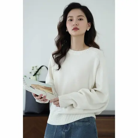 嘉茱莉针织圆领上衣女百搭套头上衣2025冬季新款绵羊毛毛衣打底商品大图