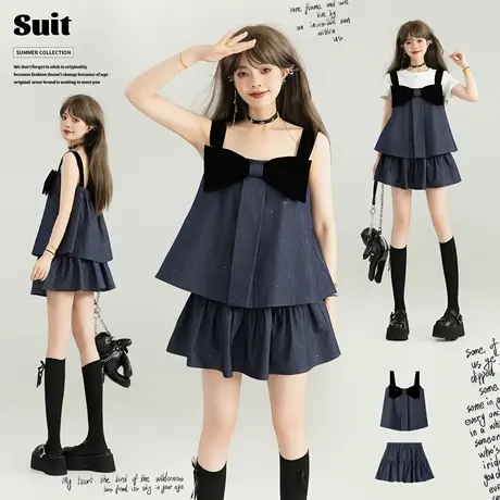 KEIKO千金感穿搭一整套25新款气质蝴蝶结吊带上衣+百褶短裙两件套图片