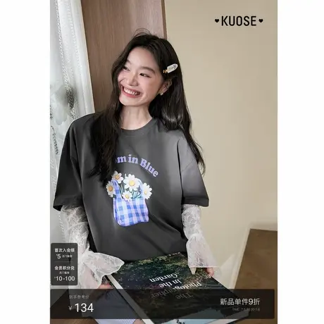 阔色深灰色字母印花短袖t恤女2025夏季新款圆领半袖宽松上衣长款商品大图