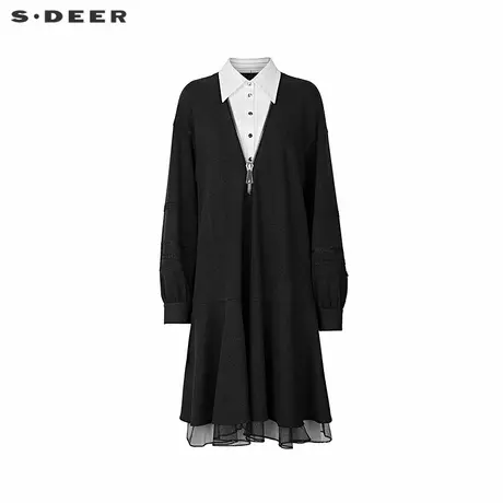 sdeer圣迪奥女装翻领条纹网纱假两件连衣裙S244Z1201商品大图