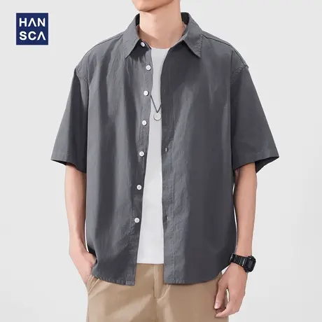 hansca日系复古短袖衬衫男2025夏季吸湿透气170g轻薄抗皱翻领衬衣商品大图