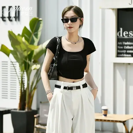 短袖t恤女2024夏季新款时尚百搭修身显瘦大圆领短款露脐冰丝上衣图片