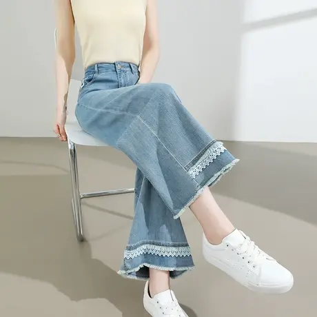 蕾丝花边牛仔裤女夏季薄款高腰宽松阔腿复古毛边直筒小个子九分裤商品大图