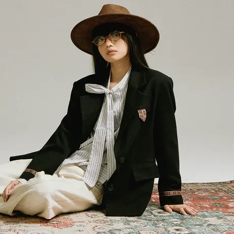 omont蛋挞家 织带设计黑色西装外套2025春季新款宽松休闲西服上衣商品大图