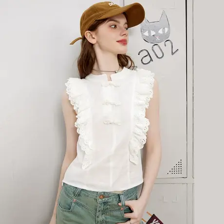 a02中式浪漫国风设计感盘扣无袖女式衬衫夏季小众纯色上衣图片