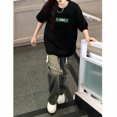 美式复古重磅纯棉短袖t恤女2025新款夏季小众设计感情侣高街上衣商品大图