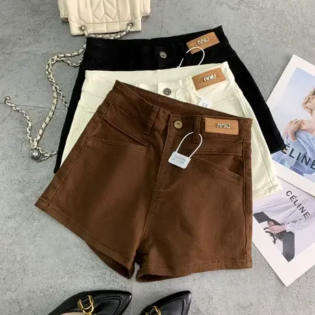 2024秋季新款雅丹风咖色牛仔短裤女高腰显瘦百搭皮牌弹力包臀短裤商品大图