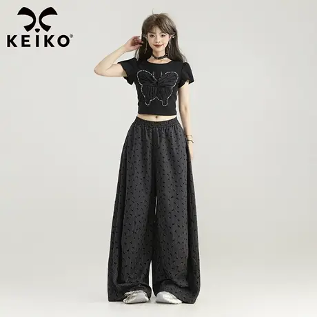 KEIKO 钉珠蝴蝶花饰正肩短袖t恤夏季美式甜辣短款修身泡泡袖上衣图片