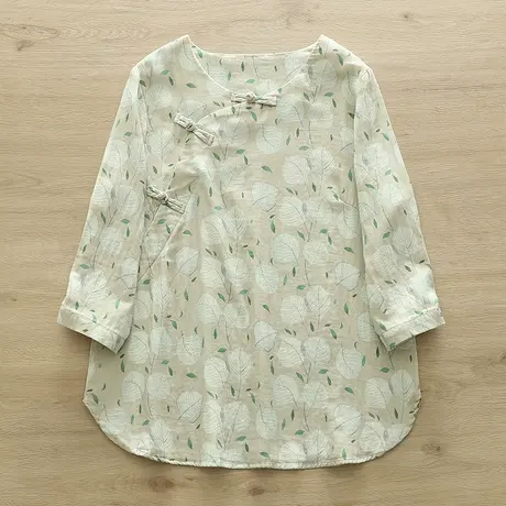 夏季新款国风文艺小清新盘扣双层纱纯棉七分袖衬衫女宽松中袖上衣商品大图