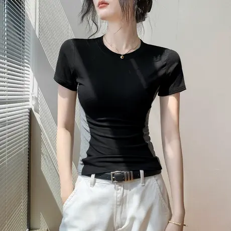 莱赛尔冰丝短袖T恤女2025夏季新款拼色圆领正肩修身显瘦小众上衣图片
