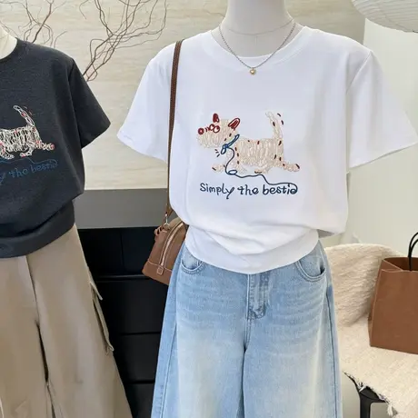 小个子圆领小狗刺绣短袖t恤女2025春夏季新款百搭宽松显瘦上衣图片