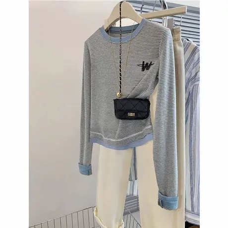 早秋薄款上衣女慵懒风chic大码高级感条纹长袖T恤ins韩系印花内搭图片