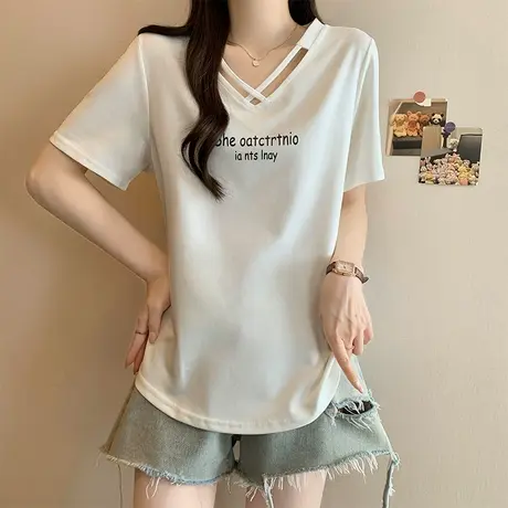 短袖t恤女2025新款夏季韩版宽松大码女装胖mm设计感小众镂空上衣图片