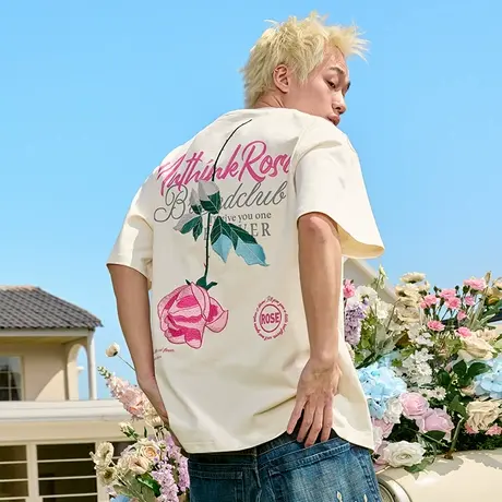 Nuthink玫瑰花刺绣短袖T恤重磅美式半袖复古宽松字母2025新款男女图片
