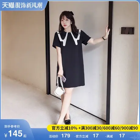 绮娑大码女装胖妹妹2023年夏季新款气质娃娃领直筒显瘦连衣裙黑色商品大图