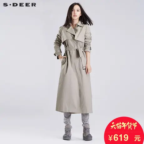 sdeer圣迪奥女2017秋装经典翻领收腰纯色中长款风衣外套S16381852图片