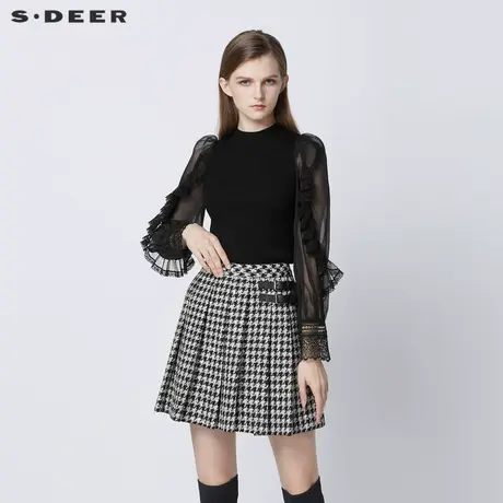 sdeer圣迪奥女装春秋装罗纹圆领网纱蕾丝拼接针织衫女S21383507图片