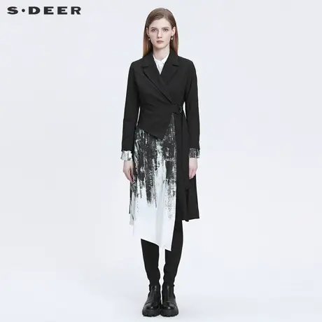 sdeer圣迪奥2022新款西装领国风水墨印花收腰中长款风衣S22181808图片