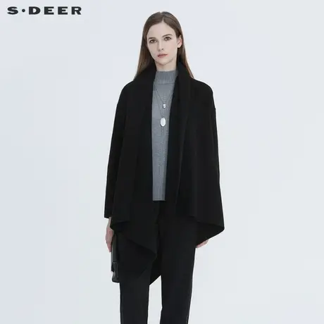 sdeer圣迪奥新款休闲开襟不规则拼接黑色毛呢大衣S20461701图片
