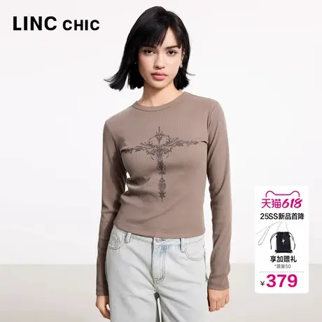 LINC金羽杰上衣女2025新款T恤女圆领印花修身长袖白色内搭FK077Y图片