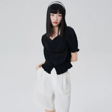 艾莱依剪花雪纺小衫女夏季新款时尚V领法式通勤宽松黑色短袖衬衣图片