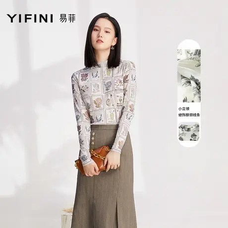Yifini/易菲内搭长袖套头打底衫女半高领印花网纱T恤春季新款商品大图
