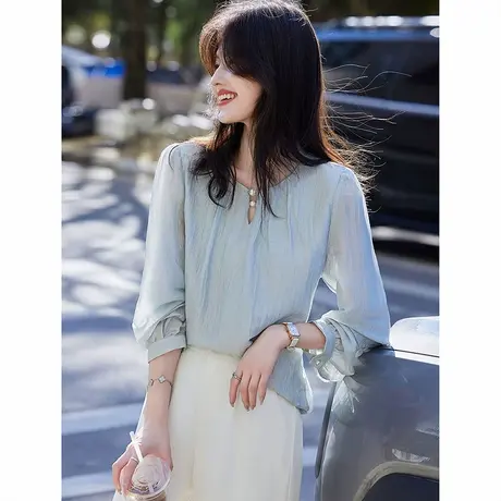 时尚气质长袖衬衫2025年春季新款女圆领温柔百搭纯色淑女薄款长袖商品大图