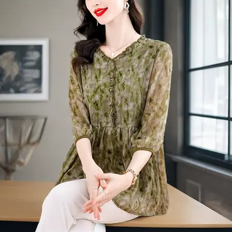 碎花中袖雪纺衬衫女夏季新款气质v领宽松遮显瘦洋气妈妈上衣薄款图片