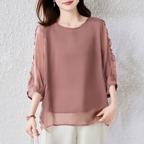 雪纺衫女短袖夏季新款宽松加肥加大码中年妈妈设计感洋气小衫上衣商品大图