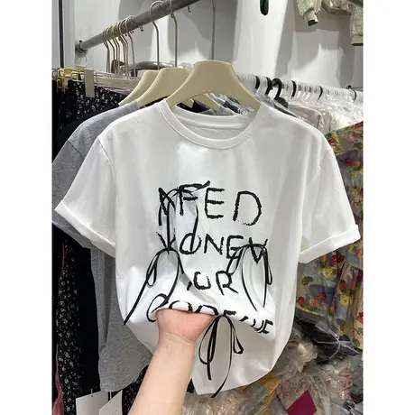 超火cec字母印花短袖T恤女夏季宽松显瘦蝴蝶结拼接半袖上衣闺蜜装图片