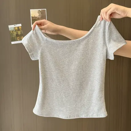 韩系甜辣妹条纹短款短袖T恤女夏季新款修身韩版短款斜肩露肩上衣图片