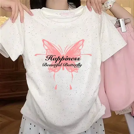 高级感彩虹波点修身正肩圆领短袖褶皱收腰上衣夏季新款短袖t恤女商品大图