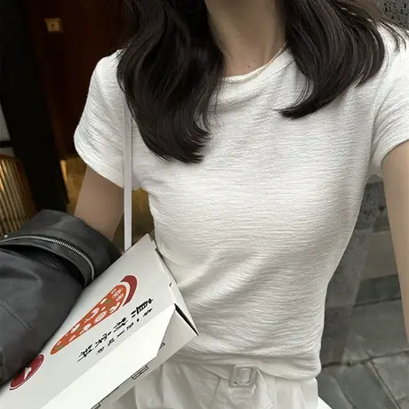 褶皱肌理感短袖T恤女夏季韩版修身短款打底衫小个子高级感上衣潮商品大图