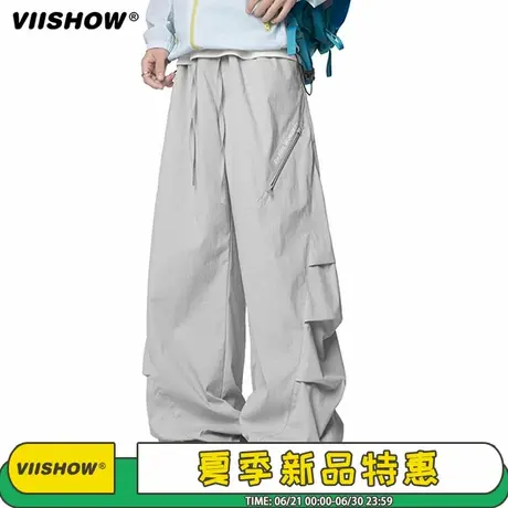 VIISHOW褶皱拉链伞兵工装裤子男2025秋季新款户外宽松阔腿冲锋裤图片