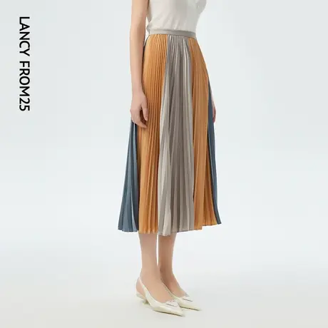 朗姿压褶半裙女夏高腰高级设计感半身裙子商场同款商品大图